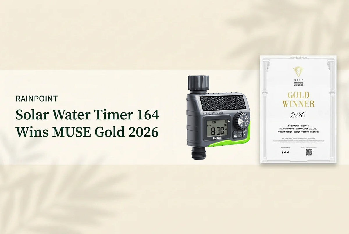 RainPoint Solar Water Timer 164 beside its 2026 MUSE Design Awards Gold Winner certificate.