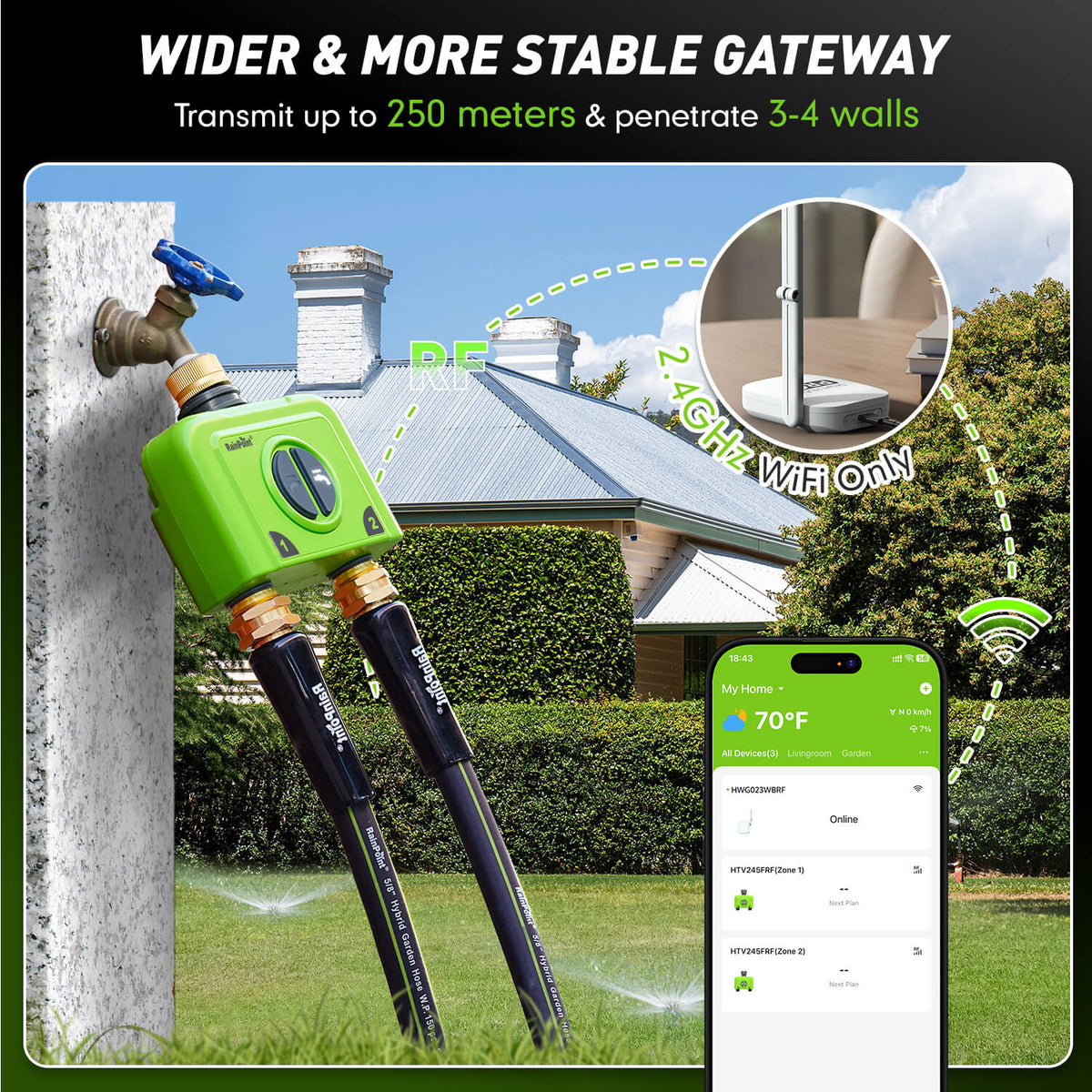 RainPoint WiFi hose timer with long range gateway for reliable outdoor irrigation connection