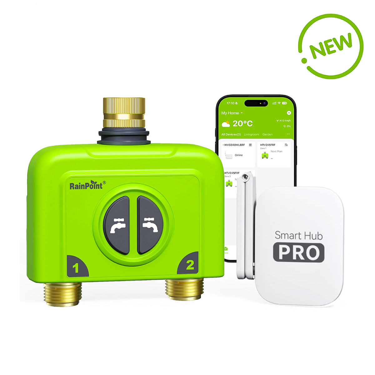 RainPoint 2 Zone WiFi Hose Timer with brass inlet and outlet for smart garden watering control