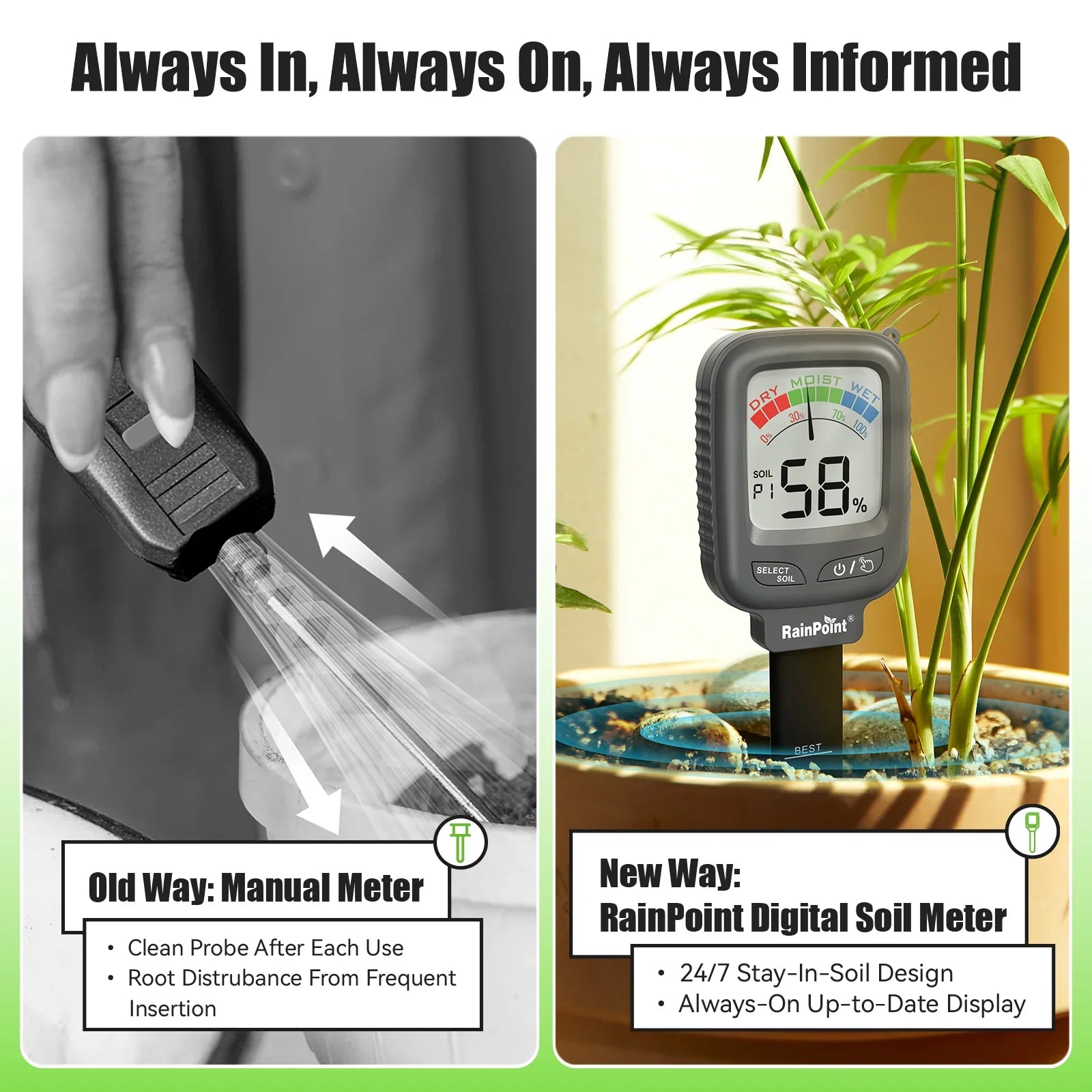 Digital plant moisture meter with large easy-to-read display