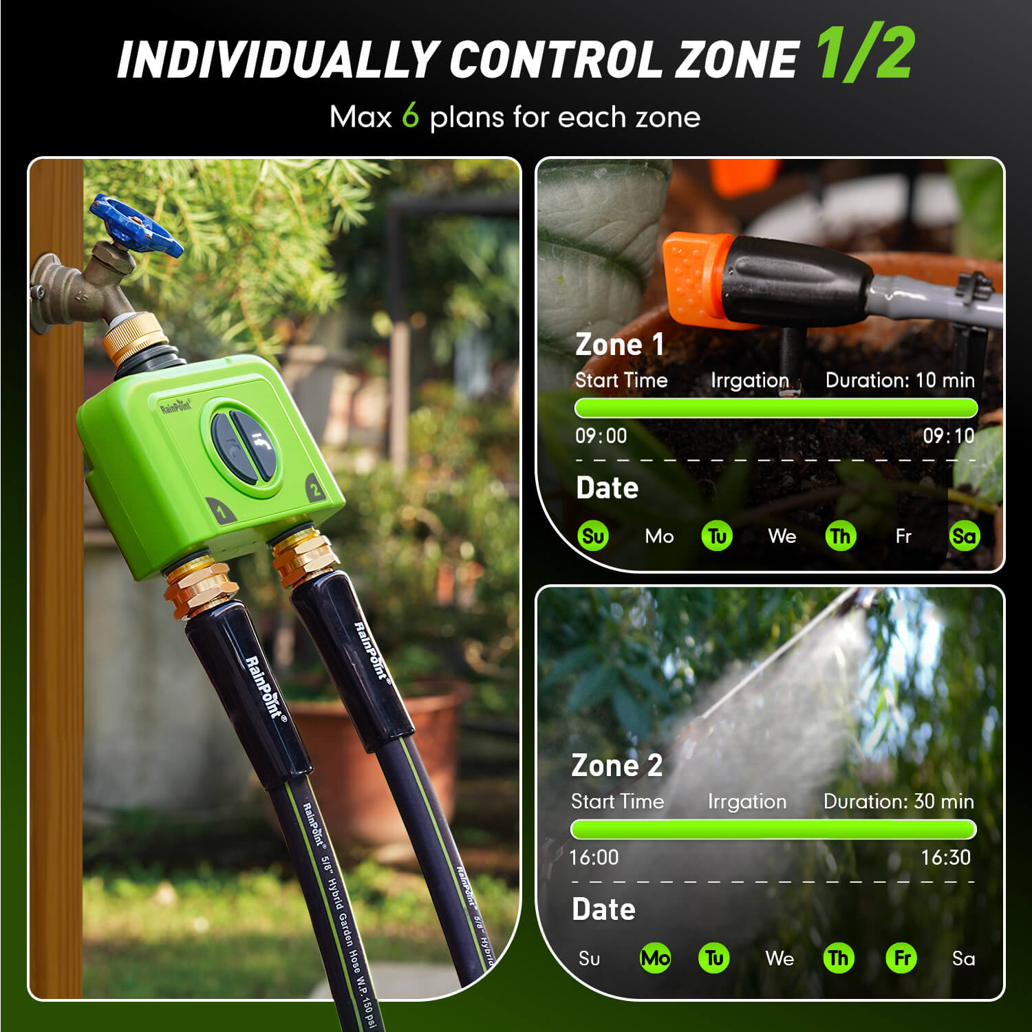 RainPoint dual zone hose timer with customizable watering schedules and smart modes