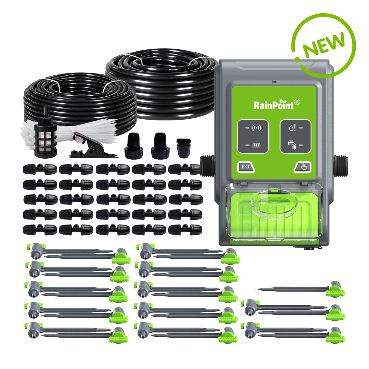 RAINPOINT smart pump misting kit with coiled tubing, connectors, misting nozzles and ground stakes.