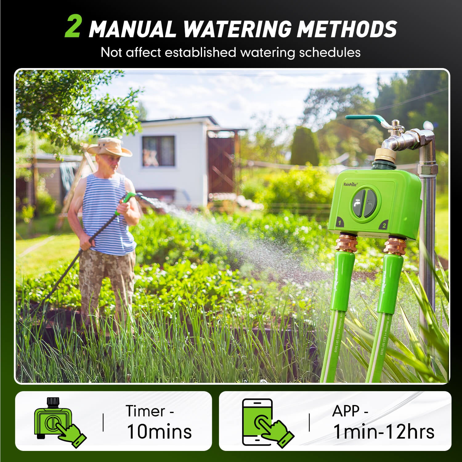 Home garden using RainPoint WiFi water timer for automatic lawn and plant watering