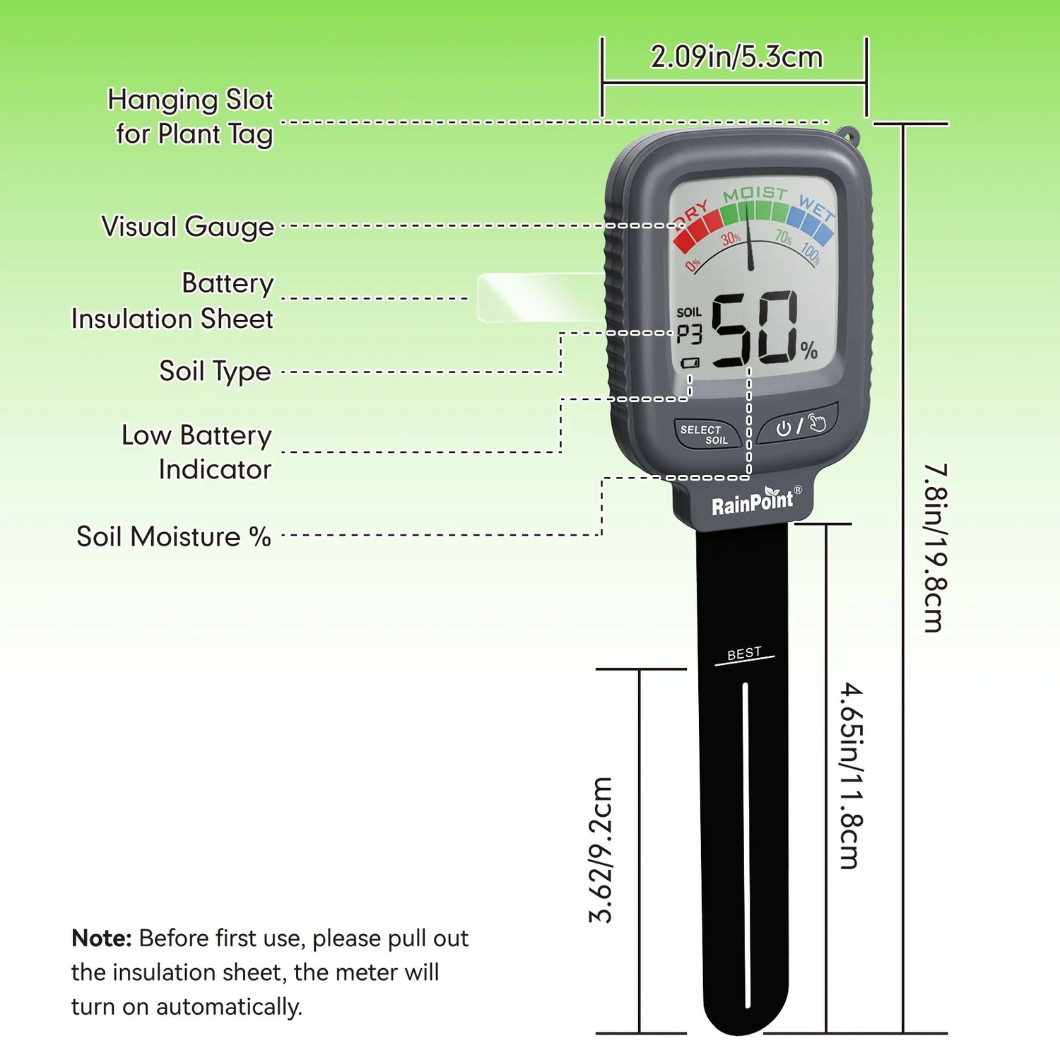 RAINPOINT Large Display Digital Soil Moisture Meter for Houseplants Indoor