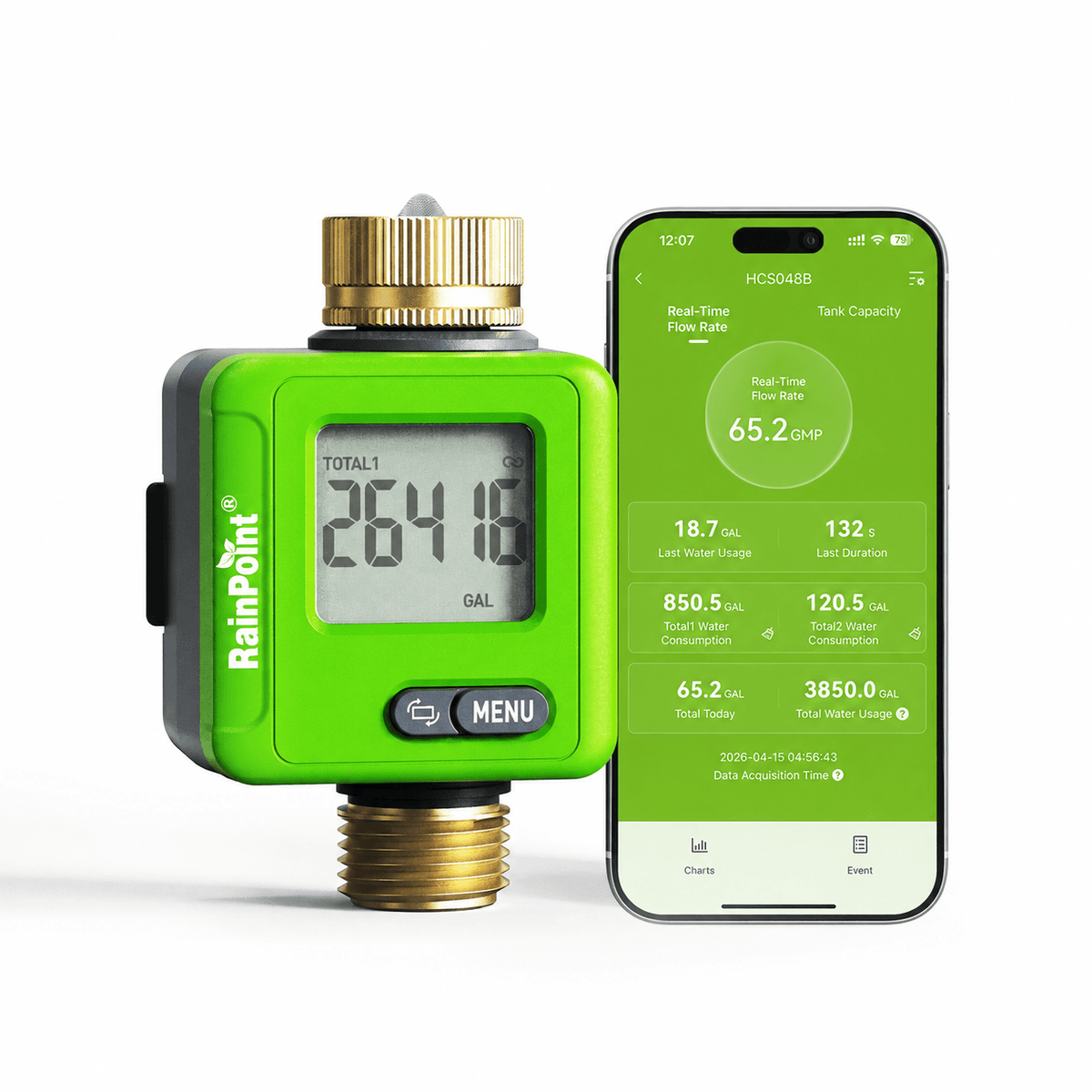 RainPoint Smart Bluetooth Water Flow Meter with Brass Fittings