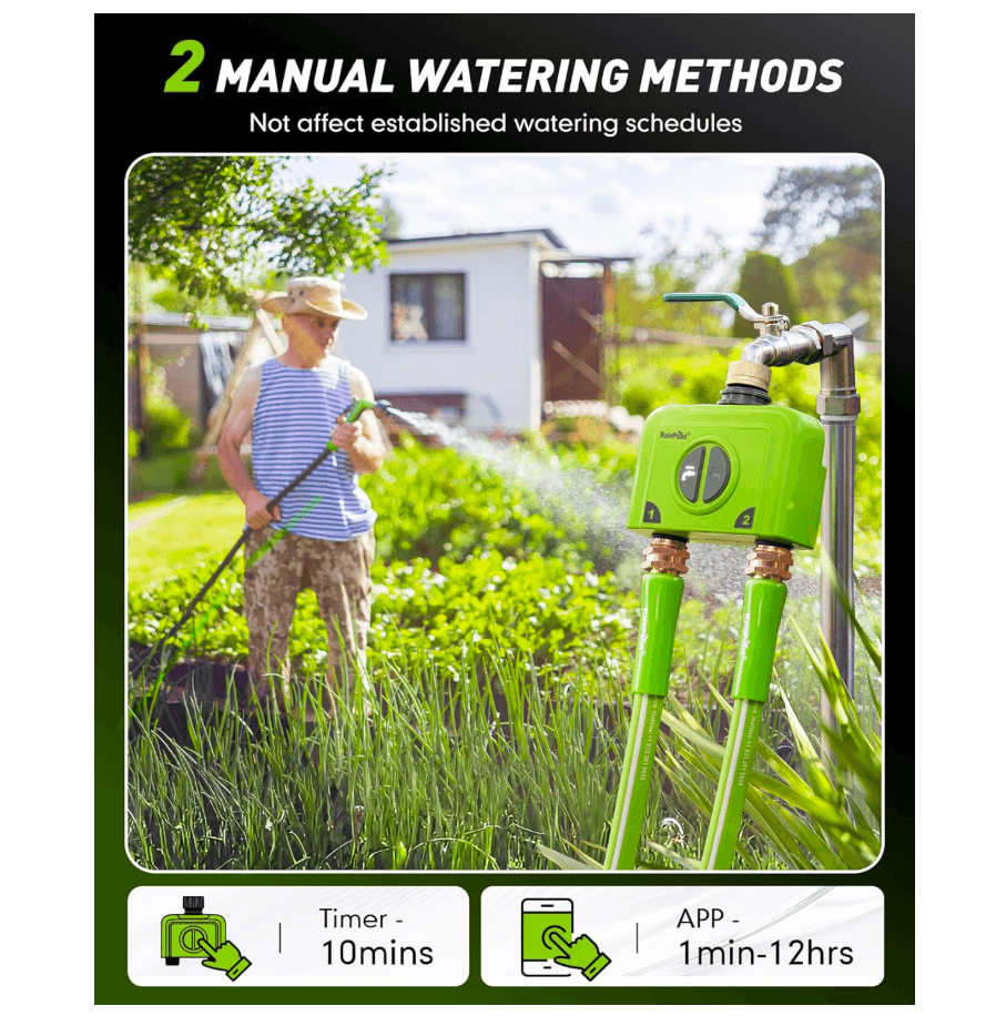 RainPoint smart irrigation controller with two zone scheduling and remote watering features