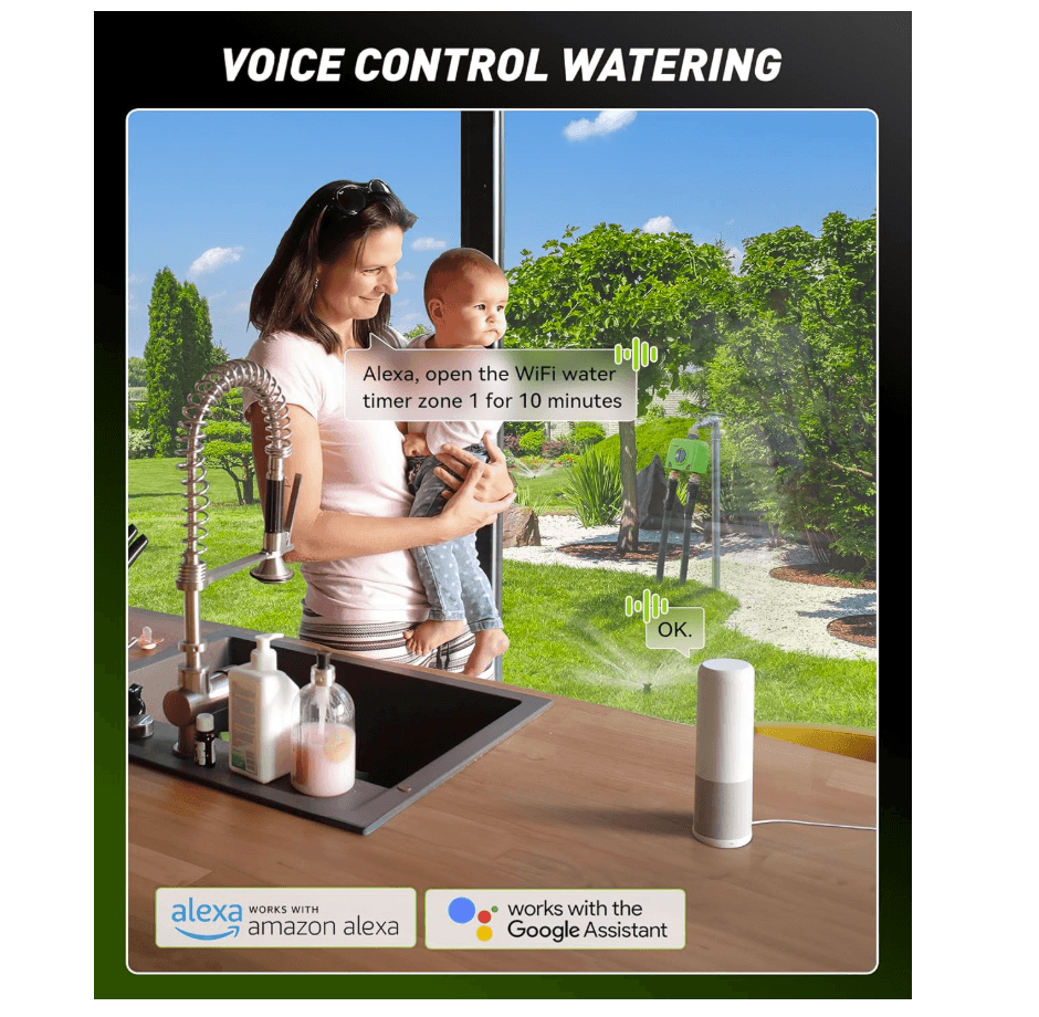 Homeowner using RainPoint WiFi water timer for automatic lawn and garden watering