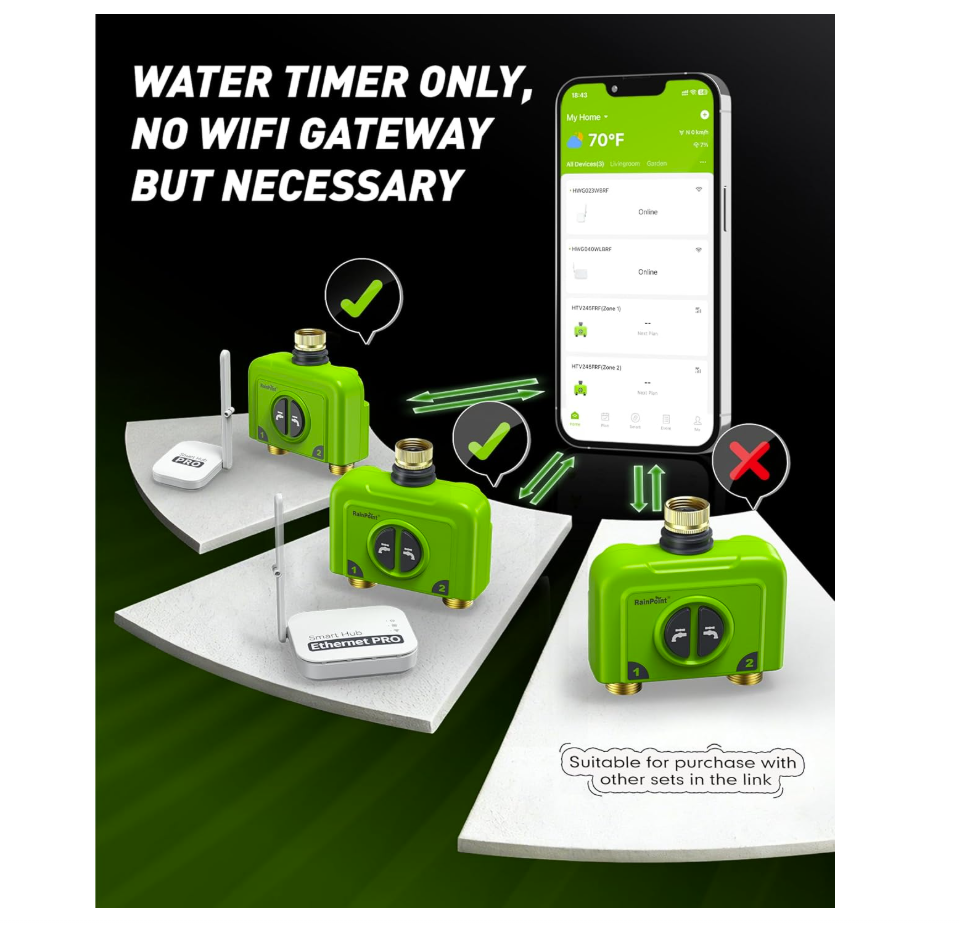 RAINPOINT 2 Zone WiFi Water Timer for Garden Hose(Brass Inlet & Outlet, No Gateway)