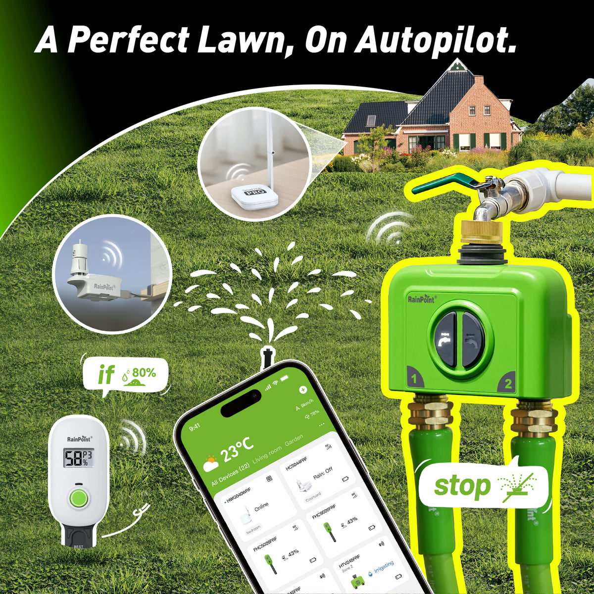 RainPoint smart irrigation system with soil sensor, rain sensor, gateway, and automatic watering features