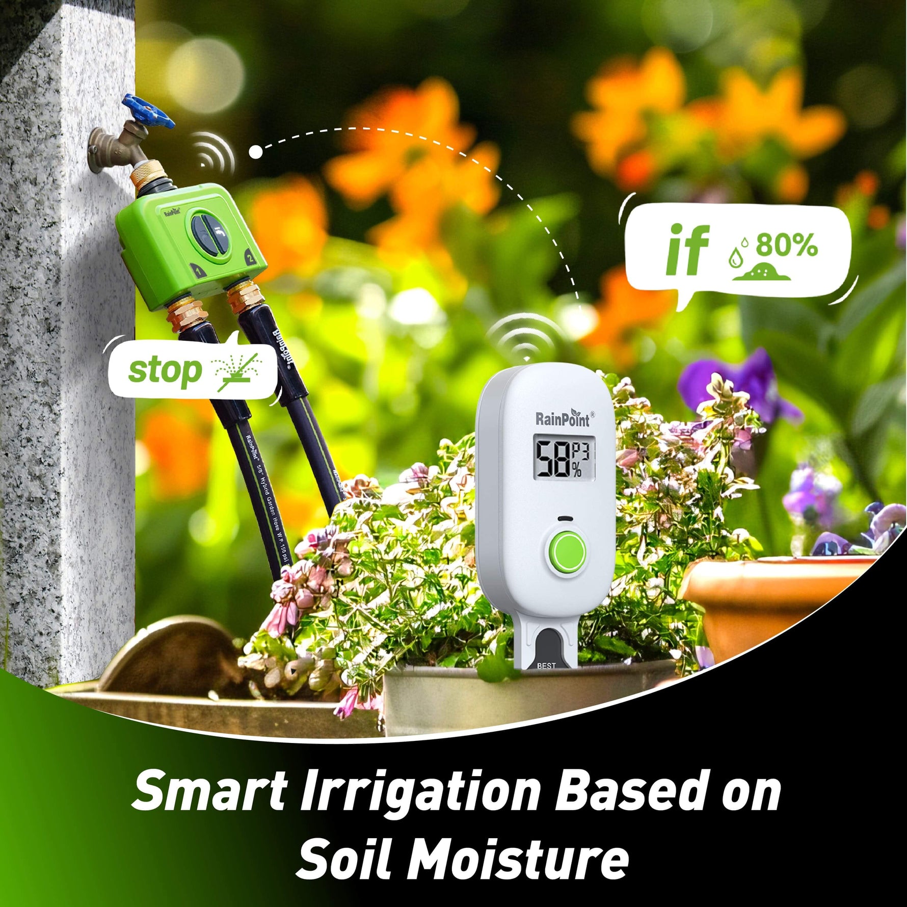 RainPoint soil moisture sensor helping optimize watering for plants and lawn irrigation