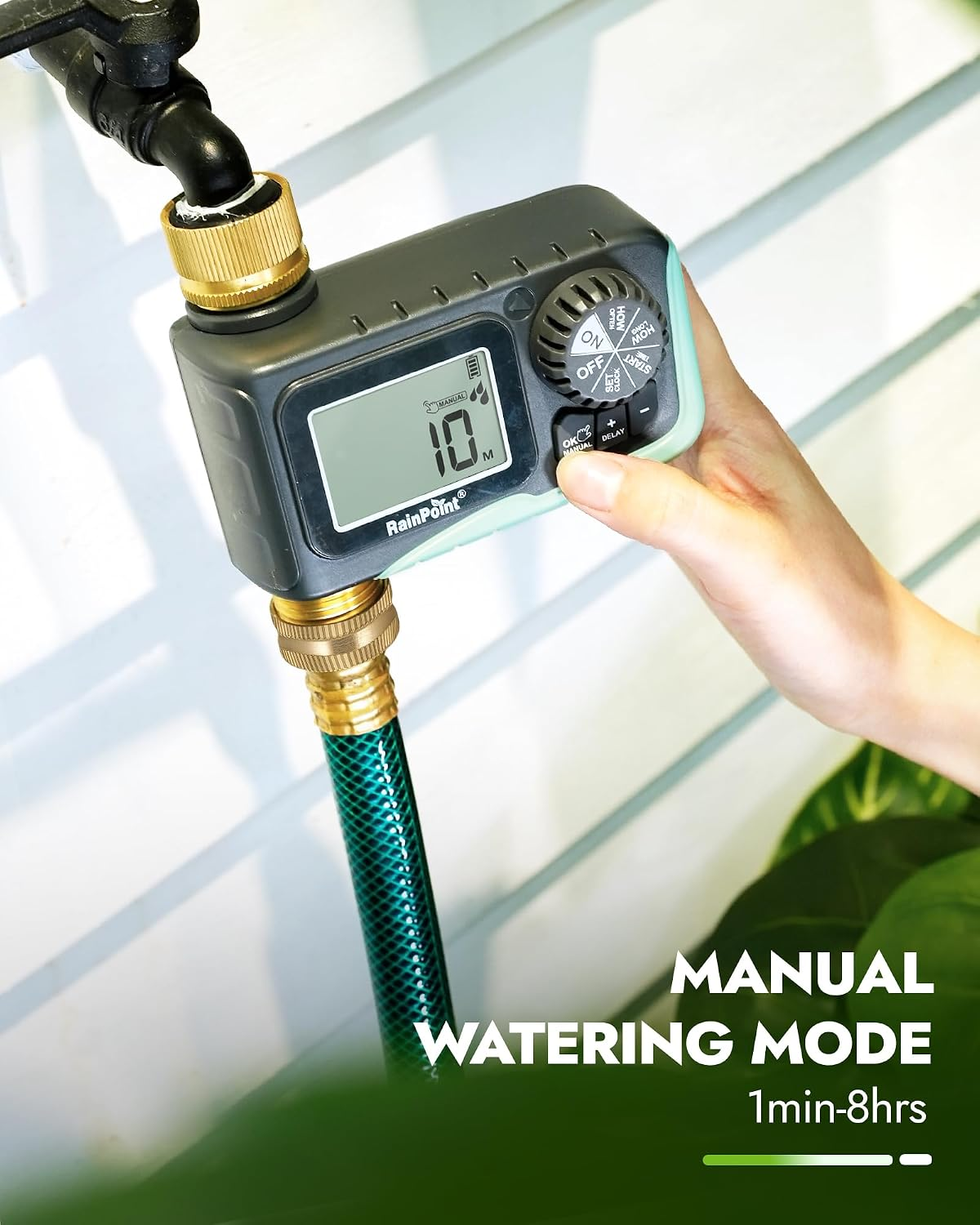 RAINPOINT digital hose timer showing brass inlet and outlet fittings with close-up views of both connectors.