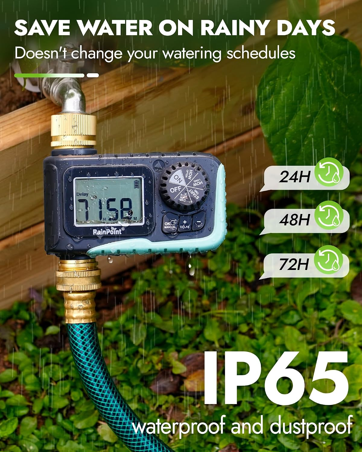 RAINPOINT hose timer in a rainy garden, with 24-, 48- and 72-hour rain delay options illustrated.