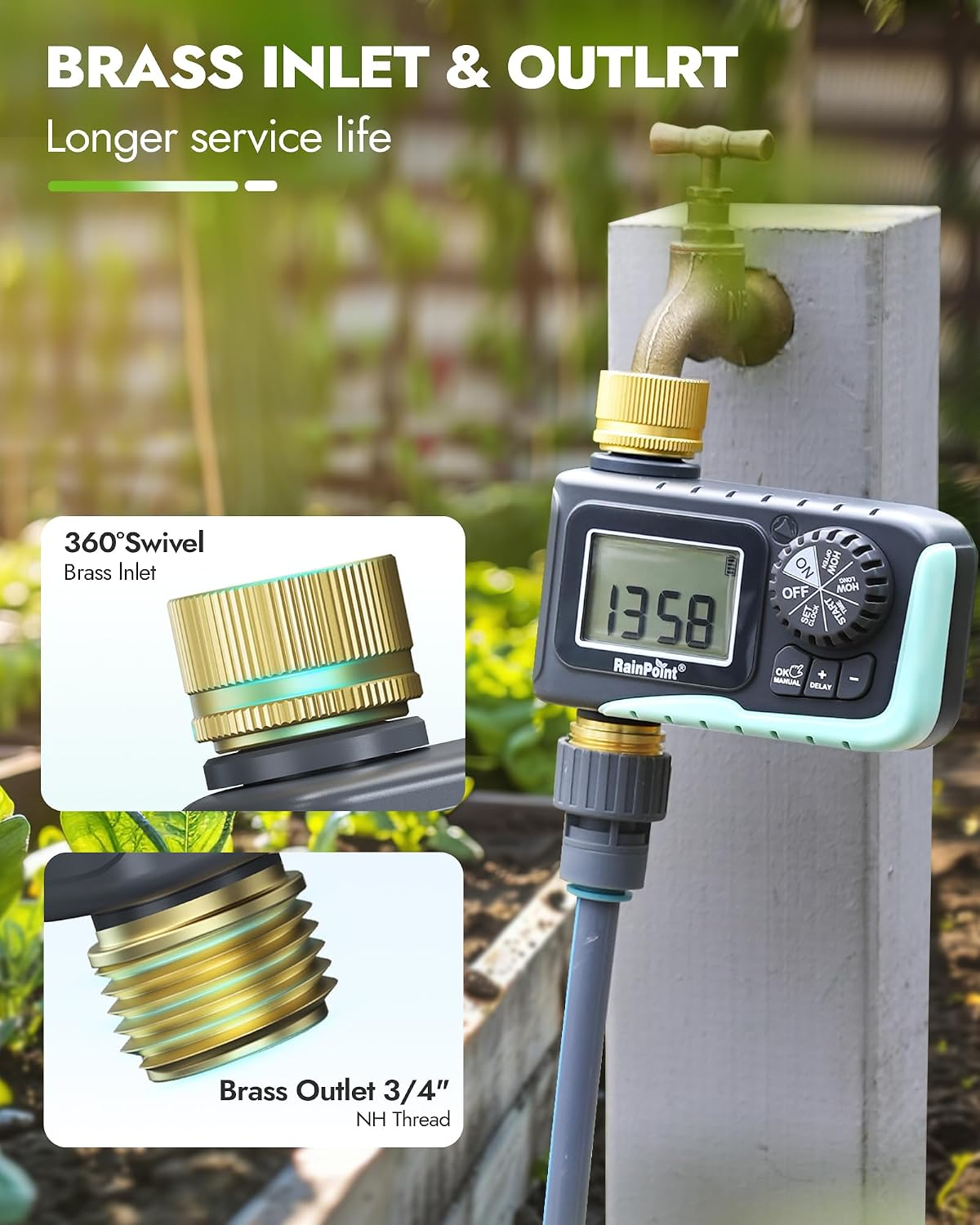 A hand presses the manual watering button on a RAINPOINT digital hose timer connected to a faucet and hose.