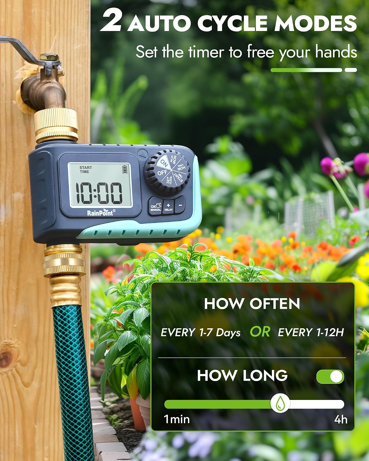RAINPOINT hose timer installed on a garden faucet, with watering interval and duration settings illustrated.