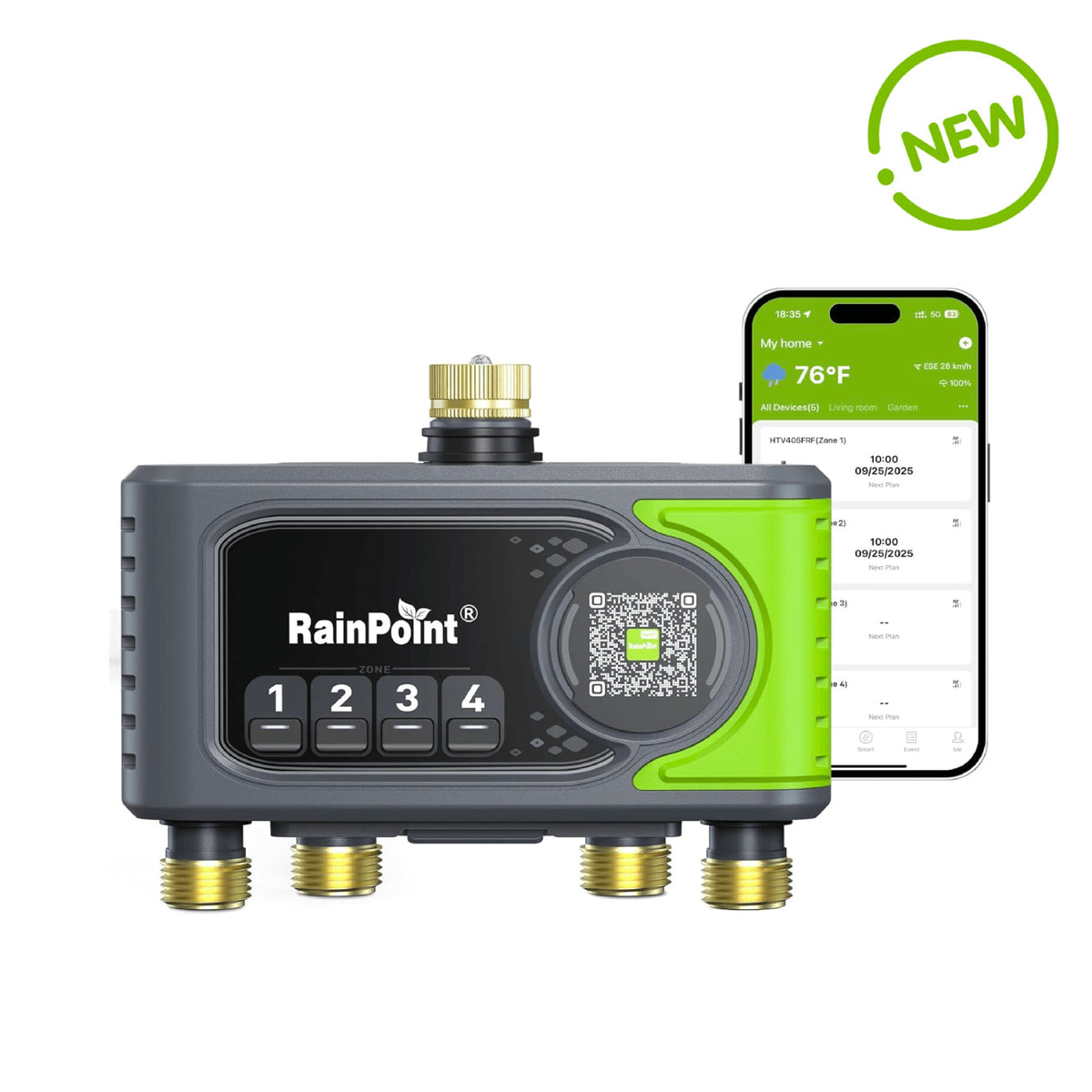 RAINPOINT 4-Zone Smart Water Timer with Brass Inlet&Outlet for Automatic Watering System Without Hub
