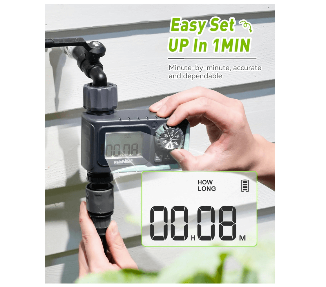 Mini digital water timer installed on outdoor garden faucet